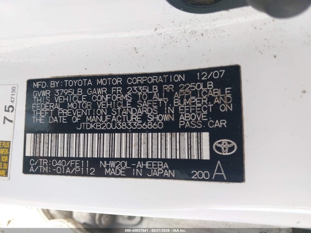 Aukcja sprzedaży 2008 Toyota Prius, vin: JTDKB20U383356860, numer aukcji: 45937041