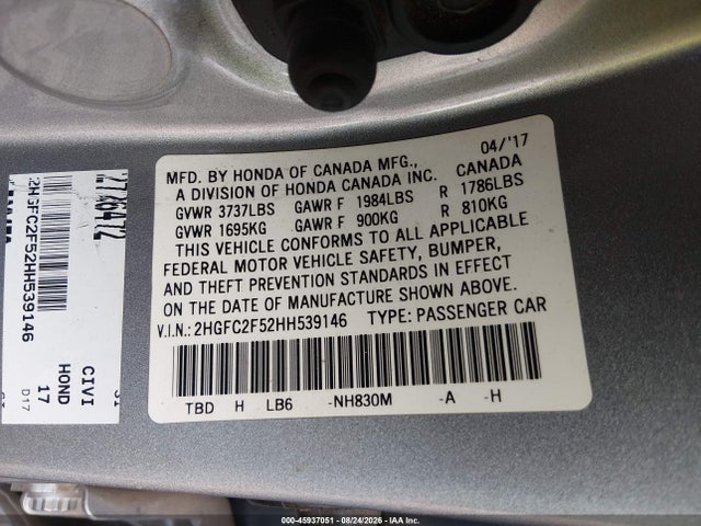 Honda Civic Lx 2017 2HGFC2F52HH539146 Image 9