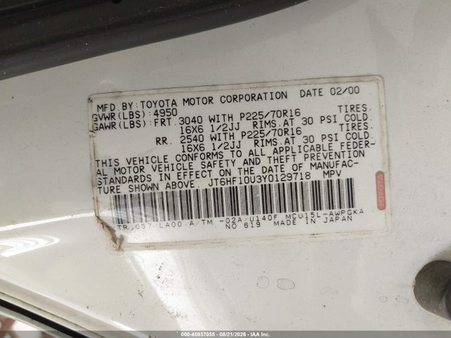 Aukcja sprzedaży 2000 Lexus Rx 300, vin: JT6HF10U3Y0129718, numer aukcji: 45937055
