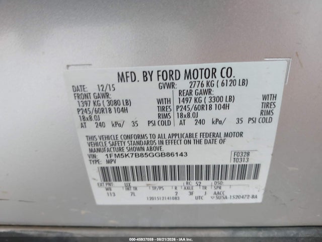 2016 Ford Explorer მანქანა იყიდება აუქციონზე, vin: 1FM5K7B85GGB86143, აუქციონის ნომერი: 45937059