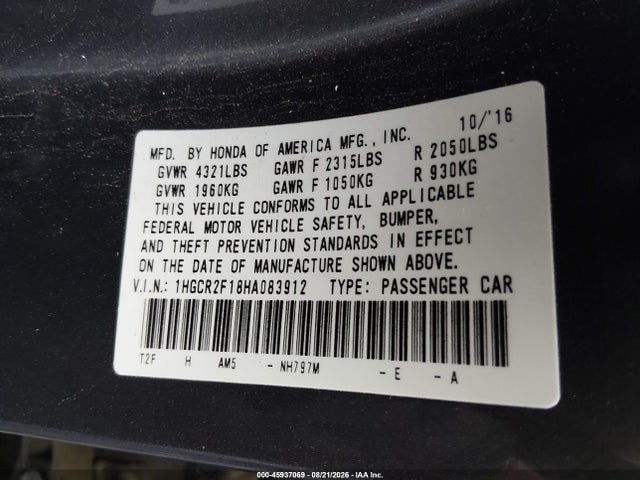 2017 Honda Accord Sport Se მანქანა იყიდება აუქციონზე, vin: 1HGCR2F18HA083912, აუქციონის ნომერი: 45937069