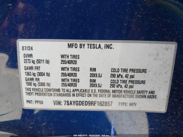 45937075 :رقم المزاد ، 7SAYGDED9RF162857 vin ، 2024 Tesla Model Y Long Range Single Motor Rear-wheel Drive/rwd مزاد بيع