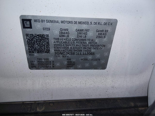 45937077 :رقم المزاد ، 3GNCJKSB1LL112065 vin ، 2020 Chevrolet Trax Fwd Ls مزاد بيع