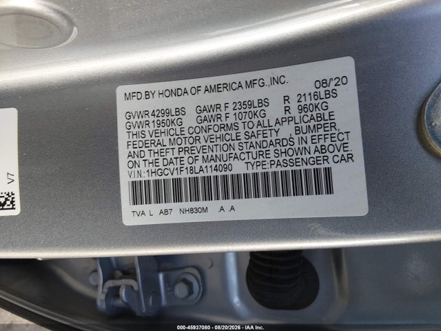 Honda ACCORD LX 2020 1HGCV1F18LA114090 Image 9