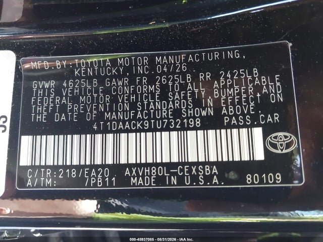 Продажа на аукционе авто 2026 Toyota Camry Nightshade, vin: 4T1DAACK9TU732198, номер лота: 45937085