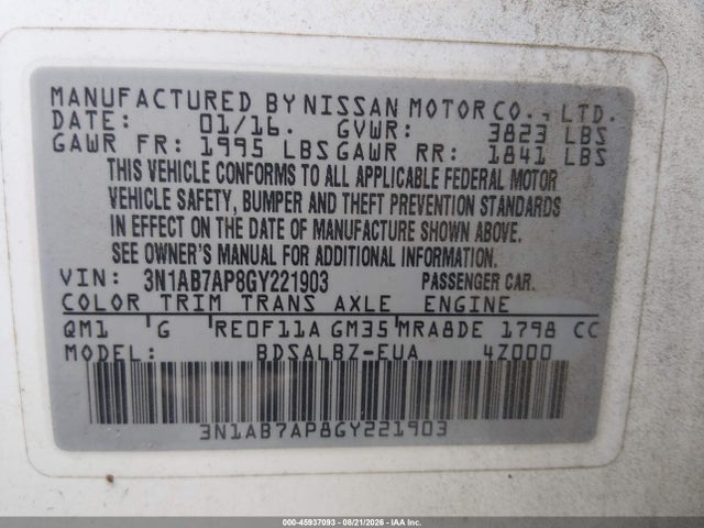 Продажа на аукционе авто 2016 Nissan Sentra Fe+ S/s/sl/sr/sv, vin: 3N1AB7AP8GY221903, номер лота: 45937093