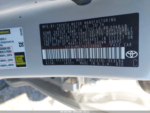 Продажа на аукционе авто 2025 Toyota Corolla Le, vin: 5YFB4MDE1SP229080, номер лота: 45937094