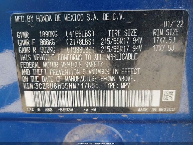 Продажа на аукционе авто 2022 Honda Hr-v Awd Ex, vin: 3CZRU6H55NM747655, номер лота: 45937100