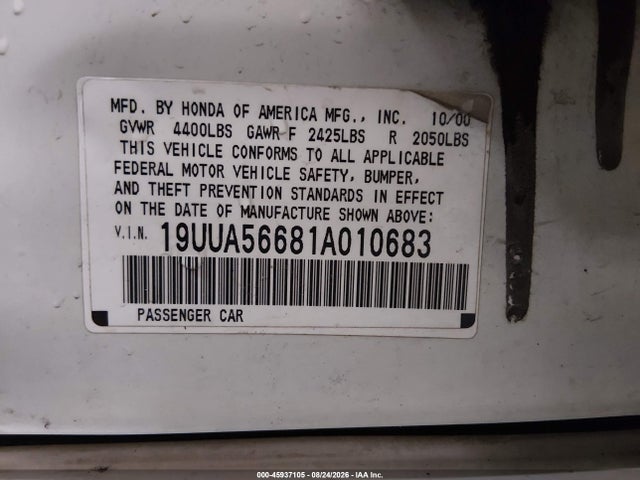 2001 Acura Tl 3.2 მანქანა იყიდება აუქციონზე, vin: 19UUA56681A010683, აუქციონის ნომერი: 45937105