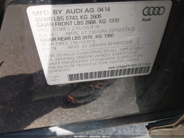 45937111 :رقم المزاد ، WA1CMAFP1EA121742 vin ، 2014 Audi Q5 3.0 Tdi Premium Plus مزاد بيع