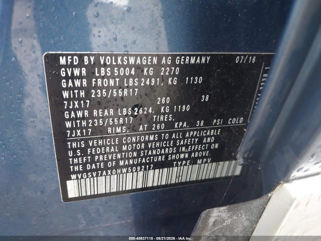 45937115 :رقم المزاد ، WVGSV7AX0HW509217 vin ، 2017 Volkswagen Tiguan 2.0t Wolfsburg Edition مزاد بيع