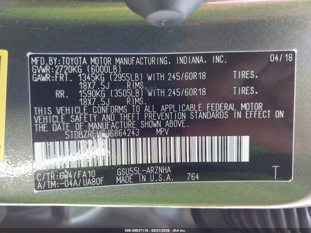 Toyota Highlander Le Plus 2018 5TDBZRFH6JS864243 Image 9