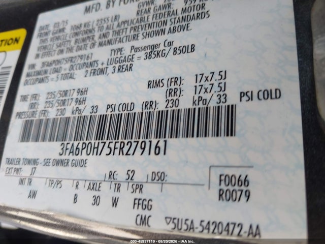 Ford FUSION SE 2015 3FA6P0H75FR279161 Image 9