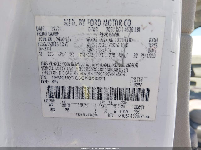 Aukcja sprzedaży 2012 Ford Escape Xlt, vin: 1FMCU0DG0CKB69321, numer aukcji: 45937120