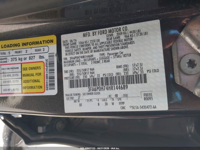 2017 Ford Fusion Se მანქანა იყიდება აუქციონზე, vin: 3FA6P0H74HR144689, აუქციონის ნომერი: 45937123