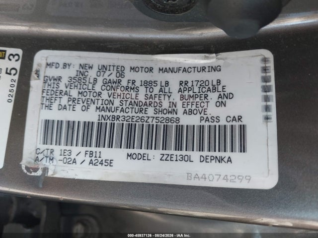 Aukcja sprzedaży 2006 Toyota Corolla Le, vin: 1NXBR32E26Z752868, numer aukcji: 45937126