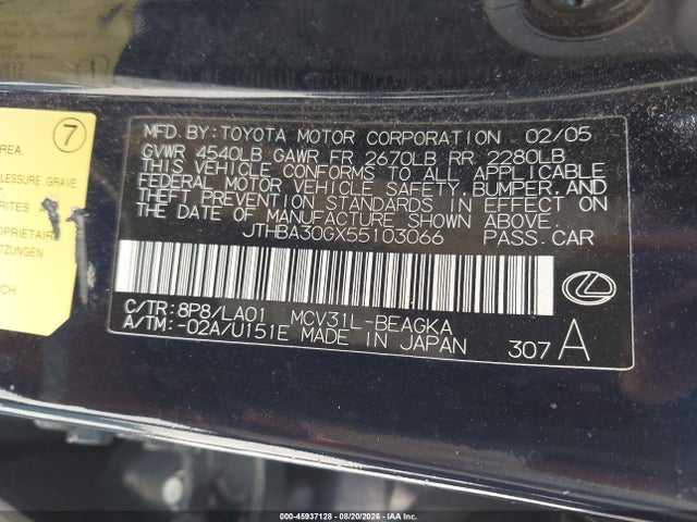 Продажа на аукционе авто 2005 Lexus Es 330, vin: JTHBA30GX55103066, номер лота: 45937128