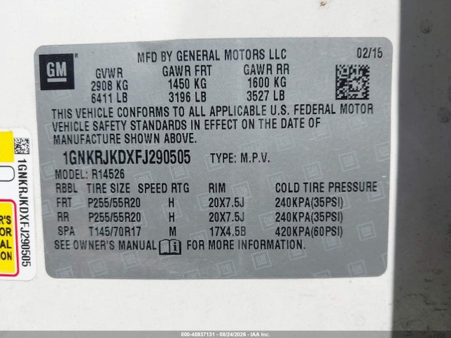 45937131 :رقم المزاد ، 1GNKRJKDXFJ290505 vin ، 2015 Chevrolet Traverse Ltz مزاد بيع