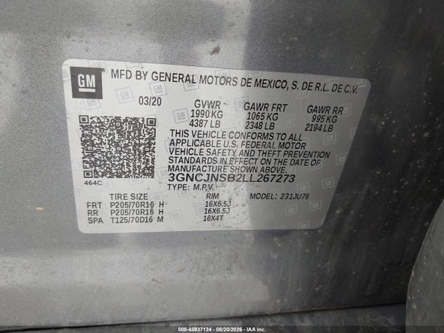 Aukcja sprzedaży 2020 Chevrolet Trax Awd Ls, vin: 3GNCJNSB2LL267273, numer aukcji: 45937134