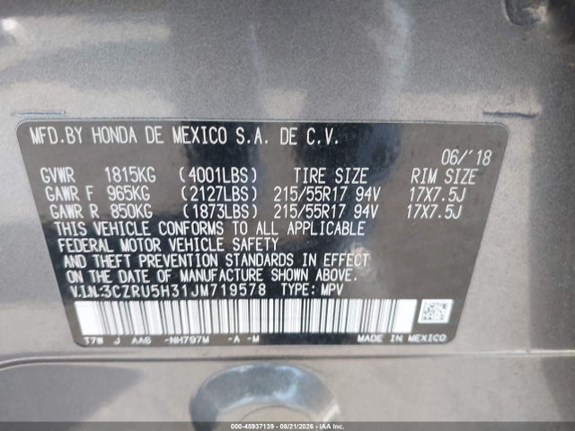 3CZRU5H31JM719578 Honda HR-V LX