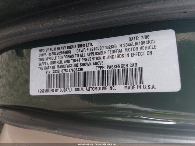 45937141 :رقم المزاد ، 4S3BH675417608439 vin ، 2001 Subaru Outback مزاد بيع