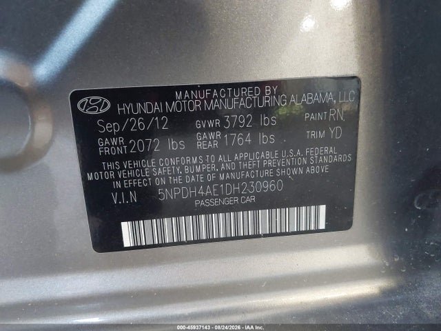 2013 Hyundai Elantra Gls მანქანა იყიდება აუქციონზე, vin: 5NPDH4AE1DH230960, აუქციონის ნომერი: 45937143