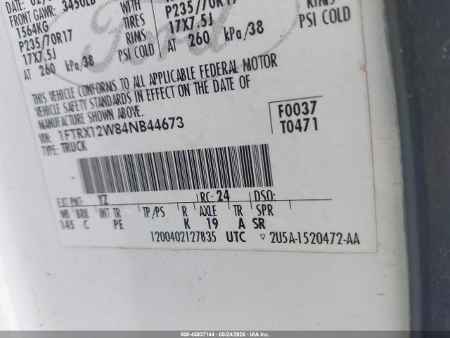 Aukcja sprzedaży 2004 Ford F-150 Stx/xl/xlt, vin: 1FTRX12W84NB44673, numer aukcji: 45937144