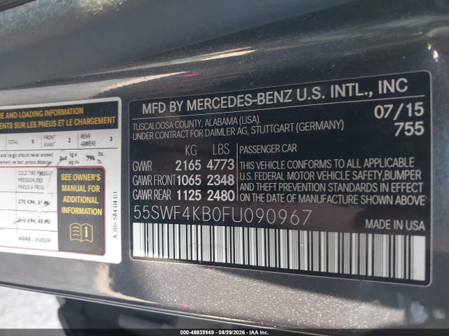 Продажа на аукционе авто 2015 Mercedes-benz C 300 4matic, vin: 55SWF4KB0FU090967, номер лота: 45937149