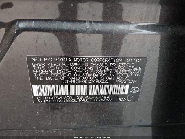 Aukcja sprzedaży 2012 Lexus Es 350, vin: JTHBK1EG8C2490855, numer aukcji: 45937170
