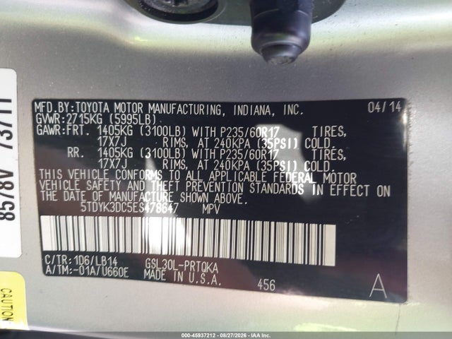 5TDYK3DC5ES478647 Toyota Sienna Xle V6 8 Passenger