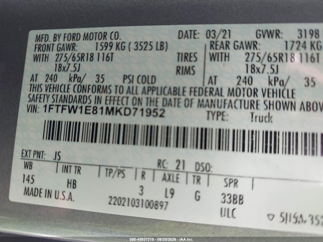 Продаж на аукціоні авто 2021 Ford F-150 Lariat, vin: 1FTFW1E81MKD71952, номер лоту: 45937215