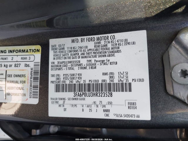2017 Ford Fusion Hybrid Se მანქანა იყიდება აუქციონზე, vin: 3FA6P0LU3HR323528, აუქციონის ნომერი: 45937225