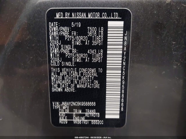 Продажа на аукционе авто 2019 Nissan Armada Sl, vin: JN8AY2NC5K9588668, номер лота: 45937244