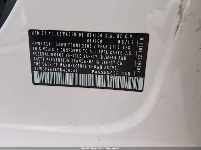 2013 Volkswagen Jetta 2.5l Se მანქანა იყიდება აუქციონზე, vin: 3VWDP7AJ6DM456047, აუქციონის ნომერი: 45937249