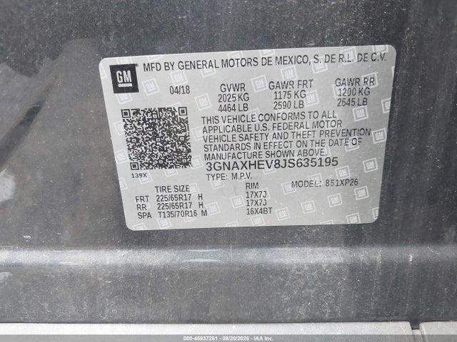 Aukcja sprzedaży 2018 Chevrolet Equinox Ls, vin: 3GNAXHEV8JS635195, numer aukcji: 45937261