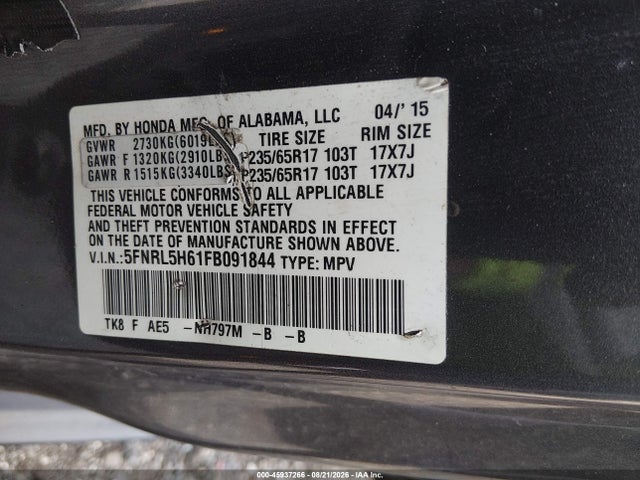Aukcja sprzedaży 2015 Honda Odyssey Ex-l, vin: 5FNRL5H61FB091844, numer aukcji: 45937266
