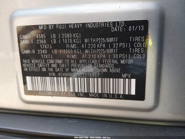 45937269 :رقم المزاد ، 4S4BRBCC5D3276867 vin ، 2013 Subaru Outback 2.5i Premium مزاد بيع
