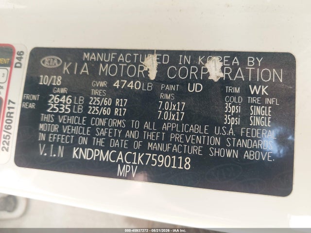 Auction sale of the 2019 Kia Sportage Lx, vin: KNDPMCAC1K7590118, lot number: 45937272
