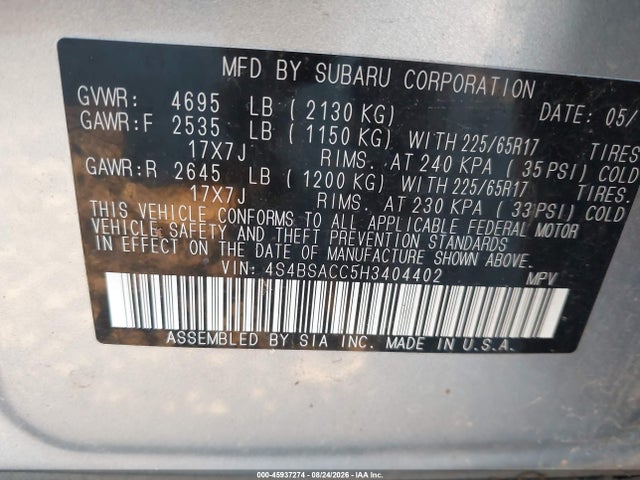Subaru Outback 2.5i Premium 2017 4S4BSACC5H3404402 Image 9