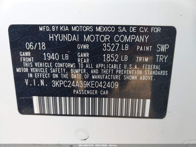 2019 Hyundai Accent Se მანქანა იყიდება აუქციონზე, vin: 3KPC24A39KE042409, აუქციონის ნომერი: 45937276