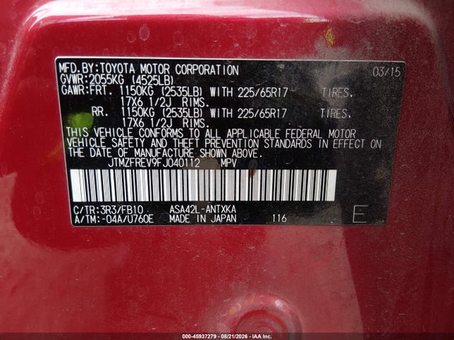 Aukcja sprzedaży 2015 Toyota Rav4 Le, vin: JTMZFREV9FJ040112, numer aukcji: 45937279