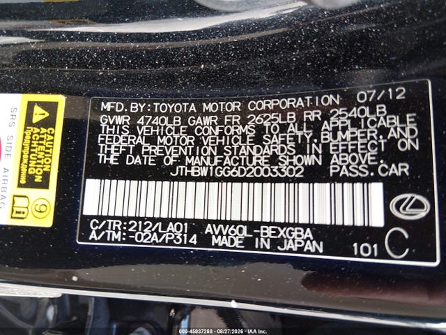Aukcja sprzedaży 2013 Lexus Es 300h, vin: JTHBW1GG6D2003302, numer aukcji: 45937288
