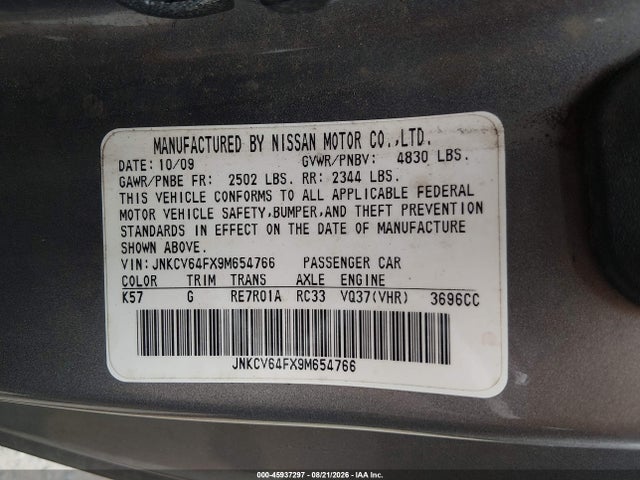 Продажа на аукционе авто 2009 Infiniti G37x, vin: JNKCV64FX9M654766, номер лота: 45937297