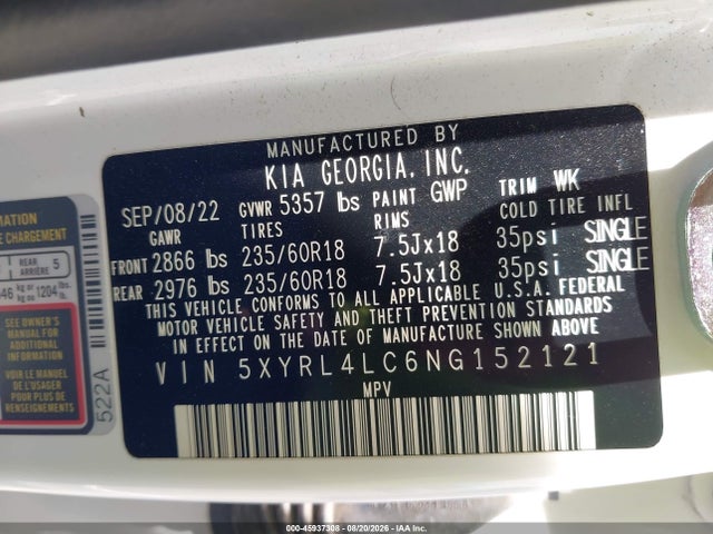 KIA SORENTO S 2022 5XYRL4LC6NG152121 Image 9