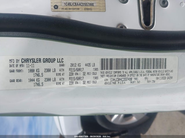 Продаж на аукціоні авто 2012 Jeep Compass Sport, vin: 1C4NJCBA4CD557498, номер лоту: 45937309