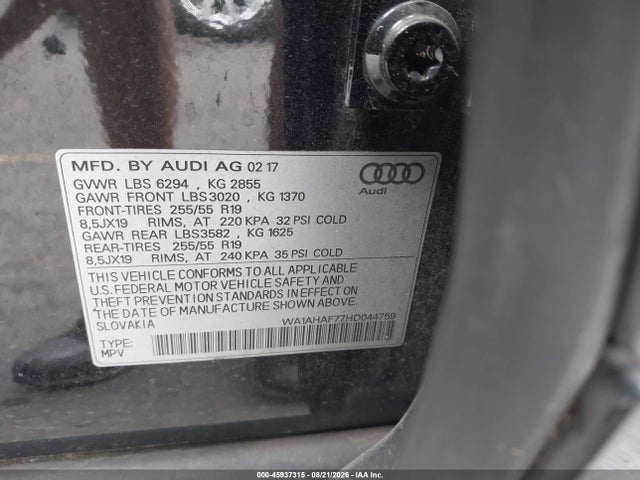 Продаж на аукціоні авто 2017 Audi Q7 2.0t Premium, vin: WA1AHAF77HD044759, номер лоту: 45937315