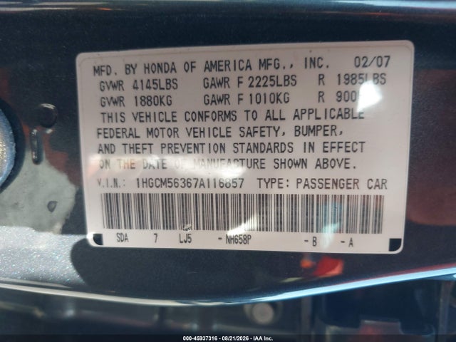 45937316 :رقم المزاد ، 1HGCM56367A116857 vin ، 2007 Honda Accord 2.4 Se مزاد بيع
