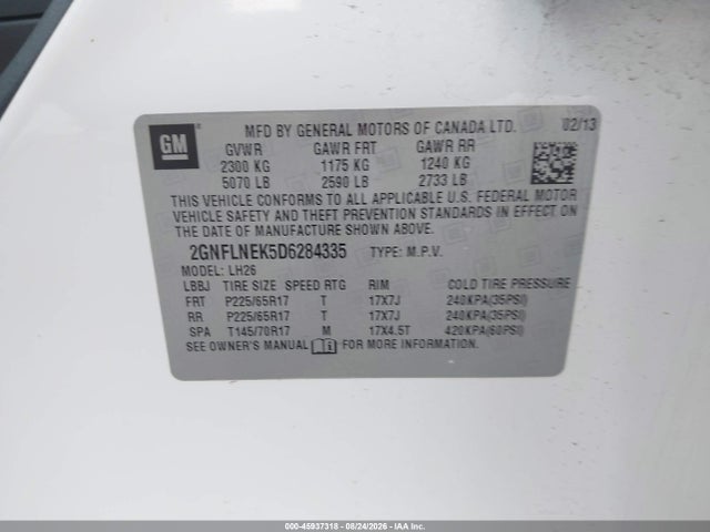 Aukcja sprzedaży 2013 Chevrolet Equinox 2lt, vin: 2GNFLNEK5D6284335, numer aukcji: 45937318