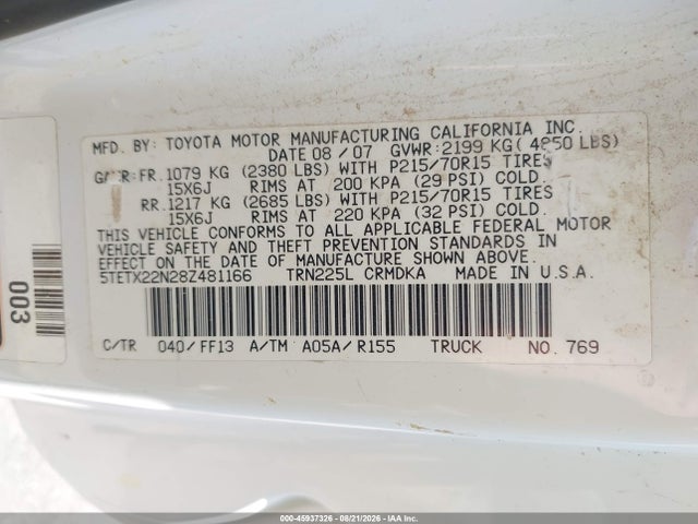 Продажа на аукционе авто 2008 Toyota Tacoma, vin: 5TETX22N28Z481166, номер лота: 45937326
