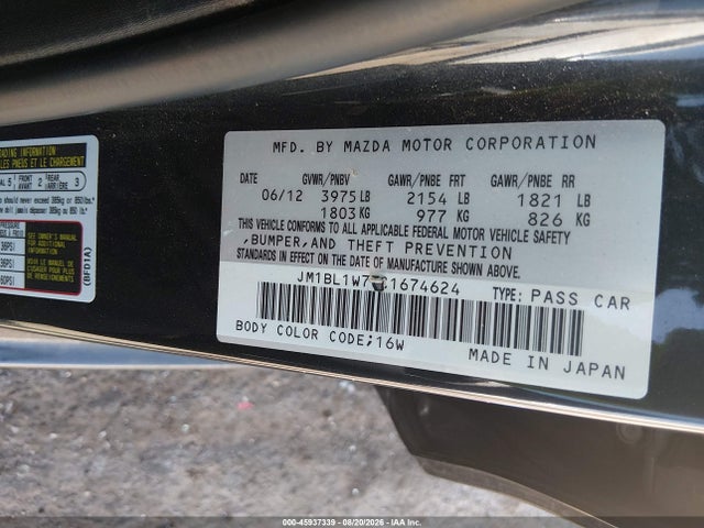 45937339 :رقم المزاد ، JM1BL1W77C1674624 vin ، 2012 Mazda Mazda3 I Grand Touring مزاد بيع